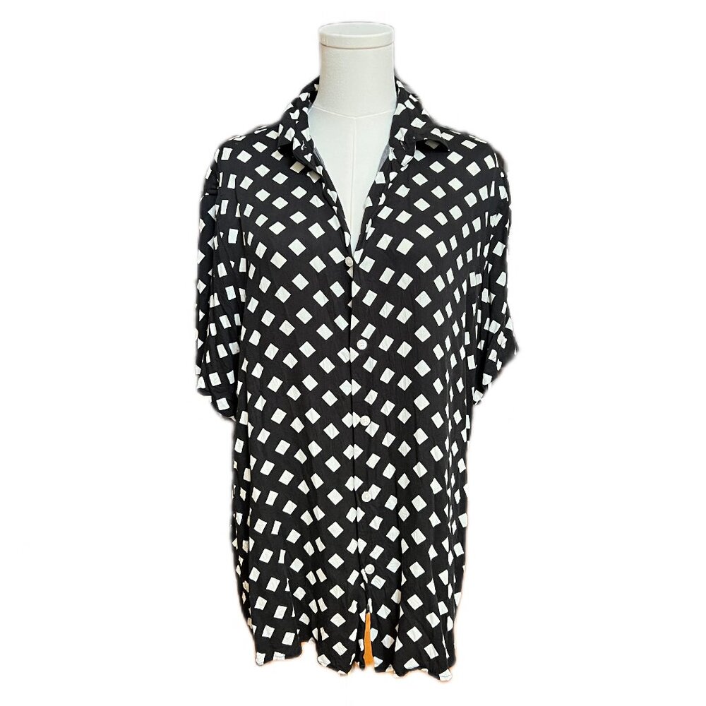 Men's Zara Black with White Diamond Print Button Down Regular Fit Shirt Size L